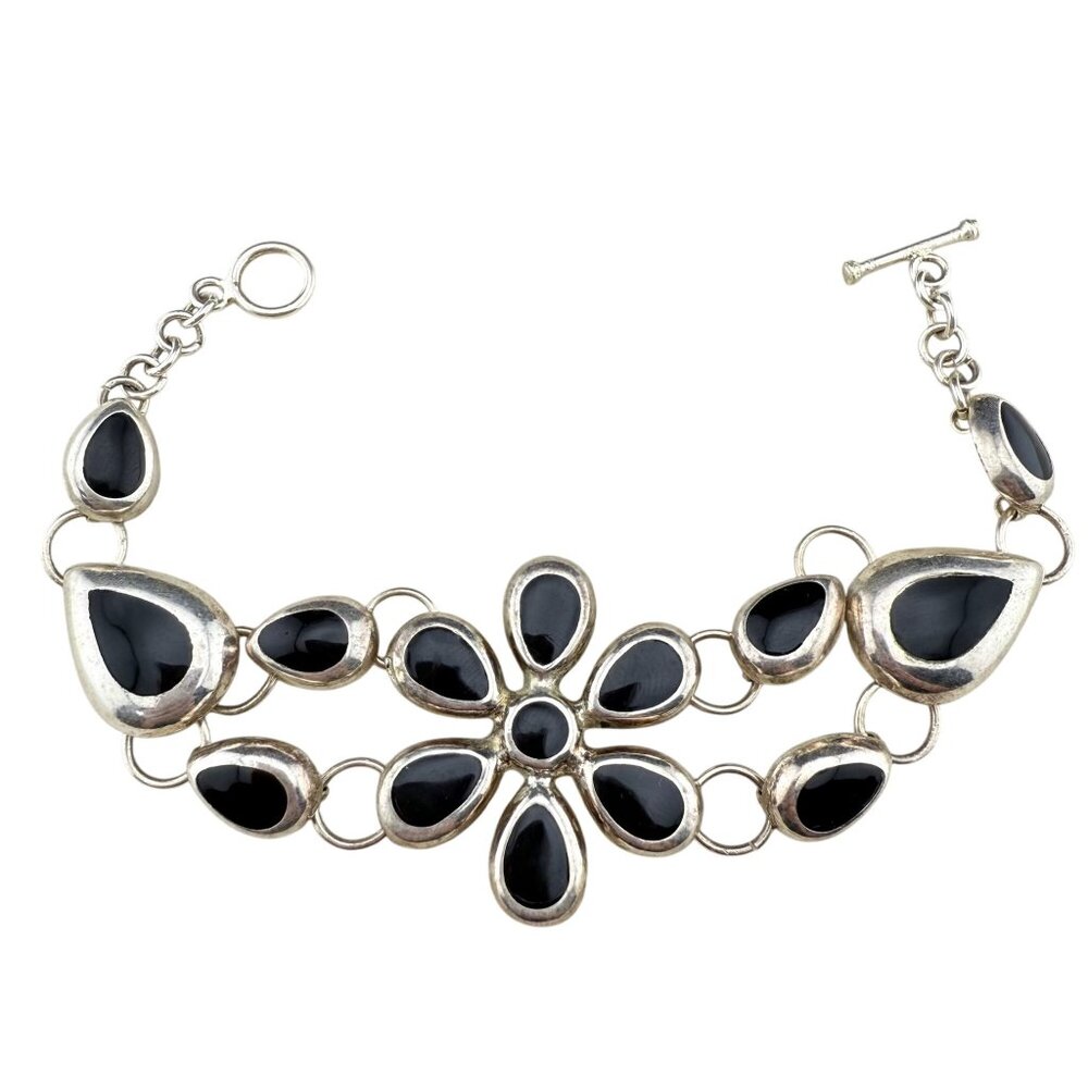 Vintage Silver Tone Floral Black Stone Bracelet With Toggle Clasp From Mexico Je